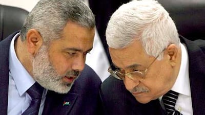 Palestinian President Mahmoud Abbas, right, with Ismail Haniyeh in the Gaza Strip on March 18 2007. EPA