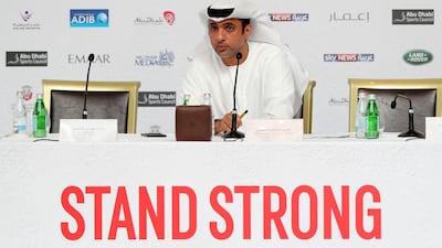 Fahad Al Shamsi, chief executive of the UAEJJF, speaks at the launch of the Abu Dhabi World Professional Jiu-Jitsu Championship 2019 at the St Regis Corniche in Abu Dhabi. Chris Whiteoak / The National
