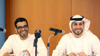 Abdulla Al Muhairbi, left, and Yousef Al Gurg talk about their climb to Mount Aconcagua in Argentina at a press conference in Dubai. Charles Crowell for The National