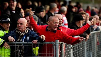 Doncaster Rovers fans vent their frustration after the FA Cup First Round match between Weston-super-Mare and Doncaster Rovers was postponed due to a waterlogged pitch on Saturday. Ben Hoskins / Getty Images
