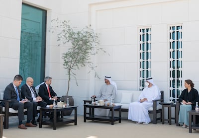 Sheikh Mohamed bin Zayed meets with Abdo Benitez, President of Paraguay, at Al Shati Palace, along with Mariam Al Mheiri, Minister of Climate Change and Environment, Minister of State for Food Security and Dr Sultan Al Jaber, Minister of Industry and Advanced Technology. Ministry of Presidential Affairs