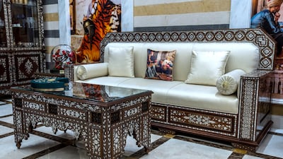 The liwan, or grand hall, is decked with mother-of-pearl furniture designed and crafted by Damascene artisans.
