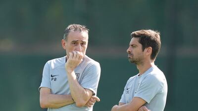 South Korea coach Paulo Bento with assistant coach Sergio Costa at the Al Egla centre. AP
