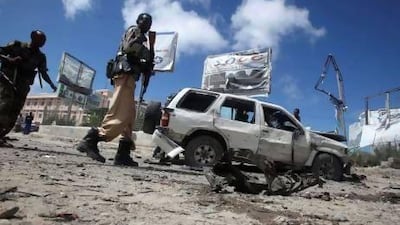 The scene of a car bombing along the Kilometre 4 road junction, south of the Somali capital Mogadishu.