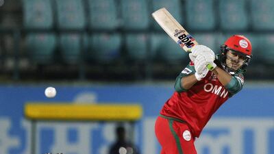 Oman’s Zeeshan Maqsood bats during the ICC World T20 2016 cricket tournament against Ireland at the Himachal Pradesh Cricket Association (HPCA) stadium in Dharmsala, India, Wednesday, March 9, 2016. (AP Photo /Ashwini Bhatia)