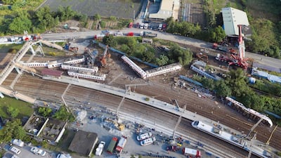 Carriages of the Puyuma Express train in Taiwan's northeastern Yilan county, a day after the train derailed at high speed near Xinma station. . AFP