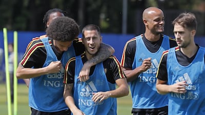 Axel Witsel, Eden Hazard and Vincent Kompany during the training session in Moscow, Russia, on Friday. EPA