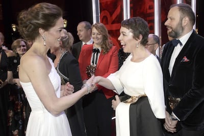 Catherine, Duchess of Cambridge meets Olivia Colman at the 2019 Baftas. Getty Images