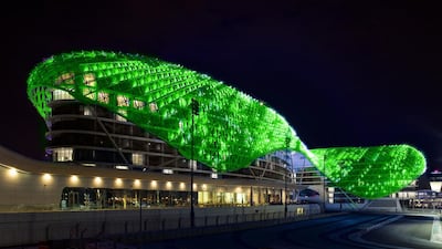 Yas Viceroy Hotel lights up in green in celebration of Ireland’s National Day. Courtesy Tourism Ireland