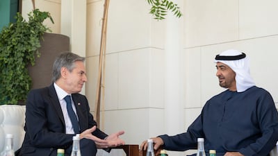 President Sheikh Mohamed talks to US Secretary of State Antony Blinken at Al Shati Palace, where the Gaza war was high on the agenda, on January 8. All photos: Abdulla Al Bedwawi / Presidential Court