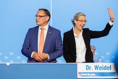 Party co-leaders Tino Chrupalla and Alice Weidel at the AfD congress in the east-central city of Magdeburg. Getty Images