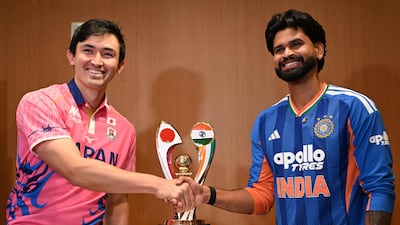 India captain Shreyas Iyer, right, with his Japanese counterpart Kendel Kadowaki-Fleming on the eve of a one-off T20 in Tokyo. AFP