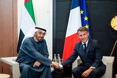 President Sheikh Mohamed and French President Emmanuel Macron at the G7. UAE Presidential Court.