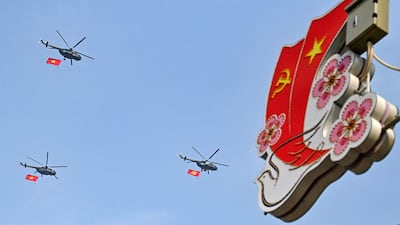 Helicopters fly above Dien Bien Phu city, as Vietnam prepares to commemorate the 70th anniversary of the victory against French colonial forces. AFP