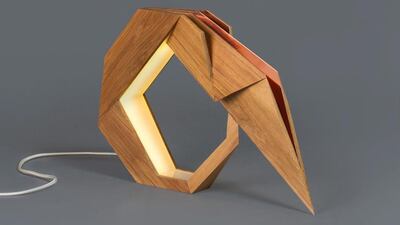 Oru Table Lamp. Dimensions: 430 x 345 x 75 mm. Material: Teak Wood & Polished Copper. The Oru Series, 2015. (Courtesy: Aljoud Lootah Design Studio)
