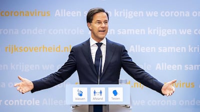 Dutch Prime Minister Mark Rutte during a press conference in the Hague, where the cabinet announced an accelerated relaxation of the coronavirus measures. EPA