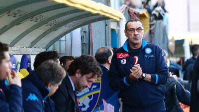 Napoli's Maurizio Sarri shown during his team's Serie A match against Frosinone last weekend. Carlo Hermann / AFP / January 10, 2016