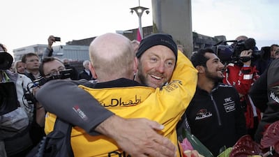 Abu Dhabi Ocean Racings skipper Ian Walker celebrates after clinching the 2014/15 Volvo Ocean Race victory on Thursday in Lorient, France. Ian Roman / Abu Dhabi Ocean Racing / Volvo Ocean Race / June 11, 2015