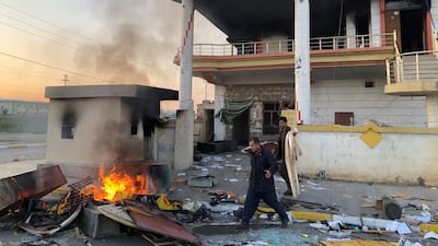 The headquarters of the Kurdistan Democratic Party (PDK) that was burnt during anti-government protests on the outskirt of Sulaimaniyah, Iraq on December 8, 2020. Reuters