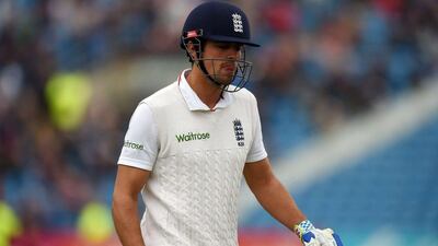 England's Alastair Cook leaves the field after being dismissed for 56 runs on the fifth and final day of the second Test against New Zealand on Tuesday. Paul Ellis / AFP / June 2, 2015