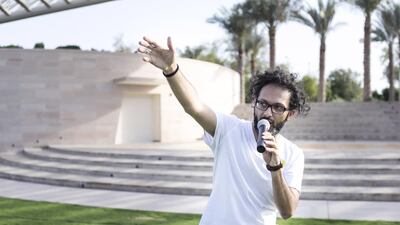 Faisal Al Yafai speaks during The National Picnic in Umm Al Emarat Park.