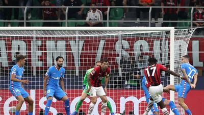 Rafael Leao of AC Milan scores their side's first goal. Getty Images