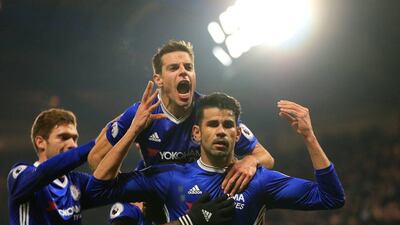Diego Costa celebrates his opening goal during Chelsea's 2-0 Premier League victory over Hull City at Stamford Bridge on Sunday. Richard Heathcote / Getty Images