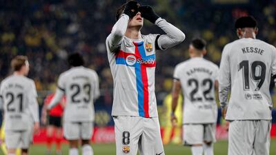 Pedri celebrates scoring for Barcelona against Villarreal in the Spanish Liga match at La Ceramica stadium, Villarreal, Spain on February 12 2023. EPA