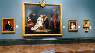 Reminders to 'maintain physical distancing' at the National Gallery in London, which is set to reopen this week. EPA