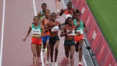 Ethiopia's Gudaf Tsegay, Kenya's Agnes Tirop, Kenya's Hellen Obiri and Ethiopia's Ejgayehu Taye compete in the women's 5,000m final during the Tokyo 2020 Olympic Games at the Olympic Stadium in Tokyo. Getty Images