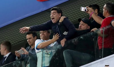 Diego Maradona celebrates Argentina's victory over Nigeria. Getty