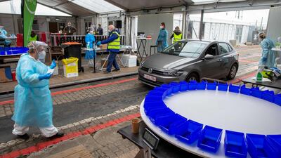 A Covid-19 testing facility at the Spoor Oost site in Antwerp, Belgium, where city authorities are asking some 6500 of its inhabitants who live in districts with infection rates higher than average to get tested. AFP
