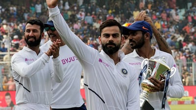 Virat Kohli thanks the crowd after securing a Test series win over Bangladesh in Kolkata last month. AP