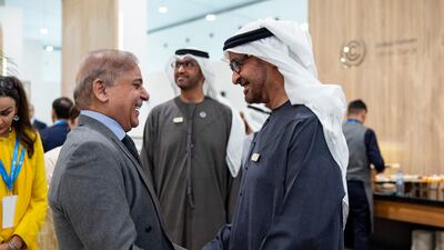 Sheikh Mohamed greets Shehbaz Sharif, Prime Minister of Pakistan