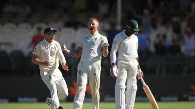 England's Ben Stokes celebrates the wicket of Vernon Philander to win the second Test against South Africa in Cape Town. Getty Images