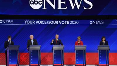 Democratic presidential hopefuls, left to right, Mayor of South Bend, Indiana, Pete Buttigieg, Senator of Vermont Bernie Sanders, Former Vice President Joe Biden, Senator of Massachusetts Elizabeth Warren and Senator of California Kamala Harris speak during the third Democratic primary debate. AFP