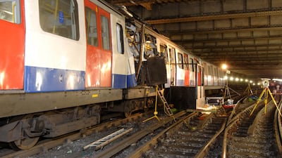 The damaged London Underground train at Aldgate tube station, after one of the four suicide bombers detonated their explosives on the train, killing seven people