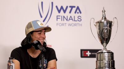 Ons Jabeur fields questions from the media at a press conference prior to the 2022 WTA Finals. Getty