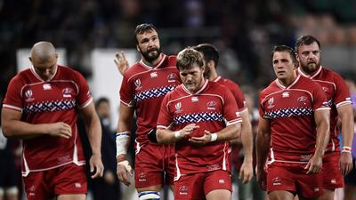Russia's players react after losing the Japan 2019 Rugby World Cup Pool A match between Scotland and Russia at the Shizuoka Stadium Ecopa in Shizuoka. AFP
