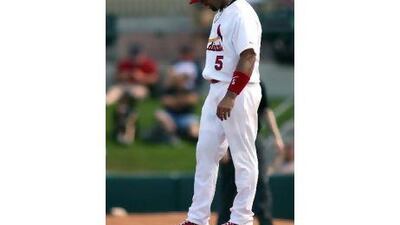 Albert Pujols of the St Louis Cardinals plays the field against the Florida Marlins.