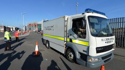 The Bomb Disposal squad leave Old Trafford in their van after performing a controlled explosion inside the stadium after fans were evacuated from the stadium before the Premier League match between Manchester United and Bournemouth at Old Trafford, Manchester, Britain, 15 May 2016. Peter Powell / EPA