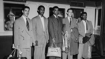 Left to right: Kenneth Rickards, Frank Worrell, Clyde Walcott, Roy Marshall and Everton Weekes, at St Pancras Station in London on September 13, 1951. Getty
