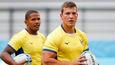 Eugene Jantjies, left, and Adriaan Booysen of Namibia participate in a training session ahead of the Rugby World Cup match against South Africa in Toyota. AFP
