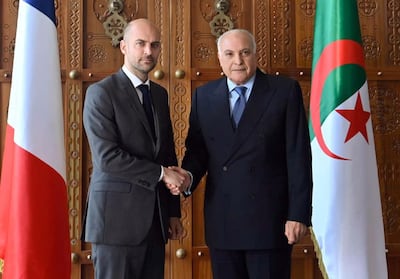 French Foreign Minister Jean-Noel Barrot, left, is welcomed by Algerian Foreign Minister Ahmed Attaf. EPA