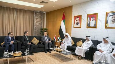 Sheikh Hazza bin Zayed, Vice Chairman of the Abu Dhabi Executive Council (3rd R) meets with Thamir Ghadhban, Deputy Prime Minister and Minister of Oil of Iraq (4th R) at ADNEC. Seen with Suhail Al Mazrouei, Minister of Energy (2nd R). Hamad Al Kaabi / Ministry of Presidential Affairs