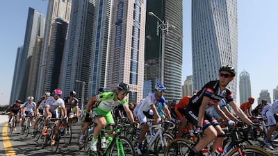Cyclists in the first stage of the Dubai Tour, from Dubai International Marina to Union House Flag, in February 2015. Karim Sahib / AFP
