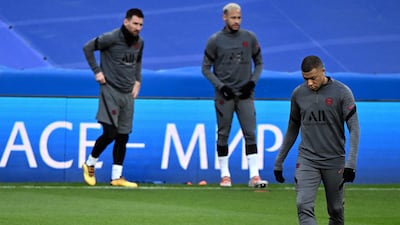 Lionel Messi, Neymar and Kylian Mbappe at training at the Santiago Bernabeu. AFP