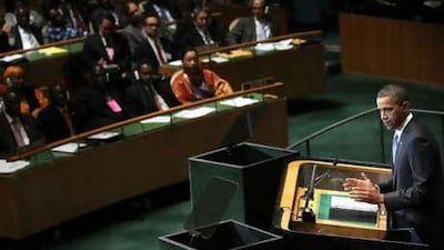 Barack Obama addressing the UN General Assembly yesterday in New York City.
