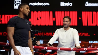 Matchroom promoter Eddie Hearn looks on as Anthony Joshua trains during the media workout day. Joshua's fight against Otto Wallin is one of the co-main events on the 'Day of Reckoning' card. Getty