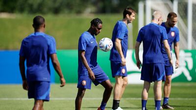 Netherlands' Jeremie Frimpong keeps up the ball during training. Reuters